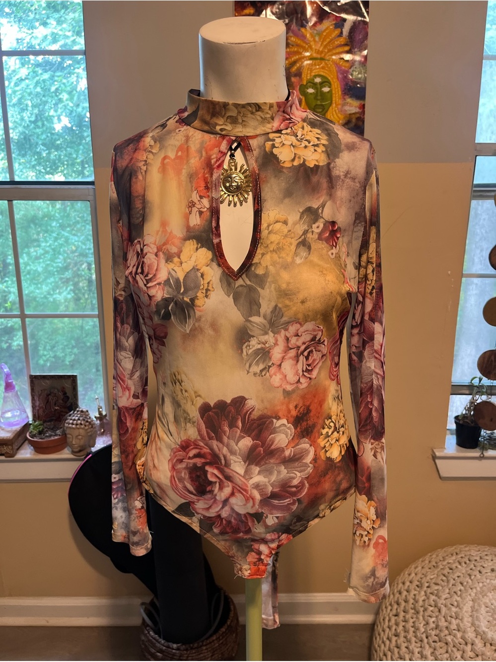 Floral Keyhole Mock-Neck Long Sleeve Bodysuit in Multi-Color